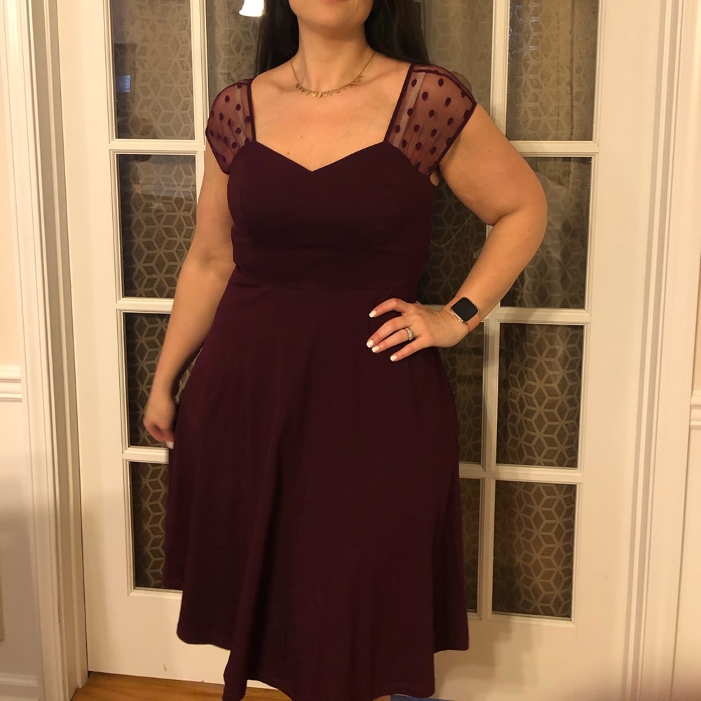 Gorgeous maroon dress with polka dot sleeves